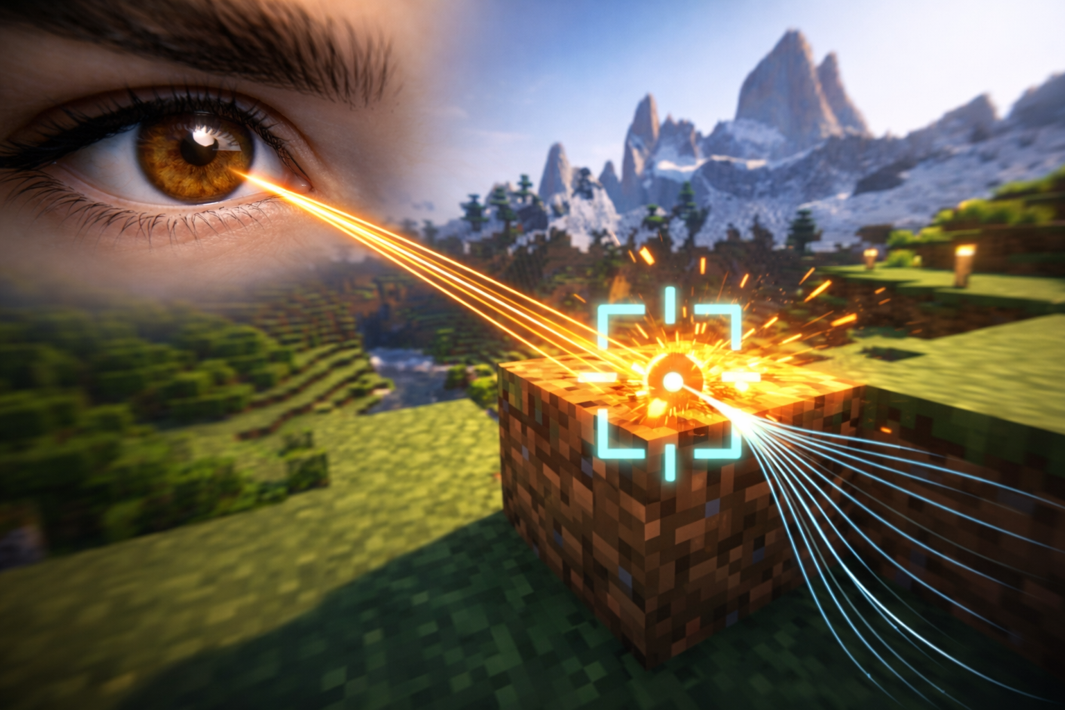 Eye gaze targeting concept — laser beams from eye targeting a Minecraft block with precision crosshair