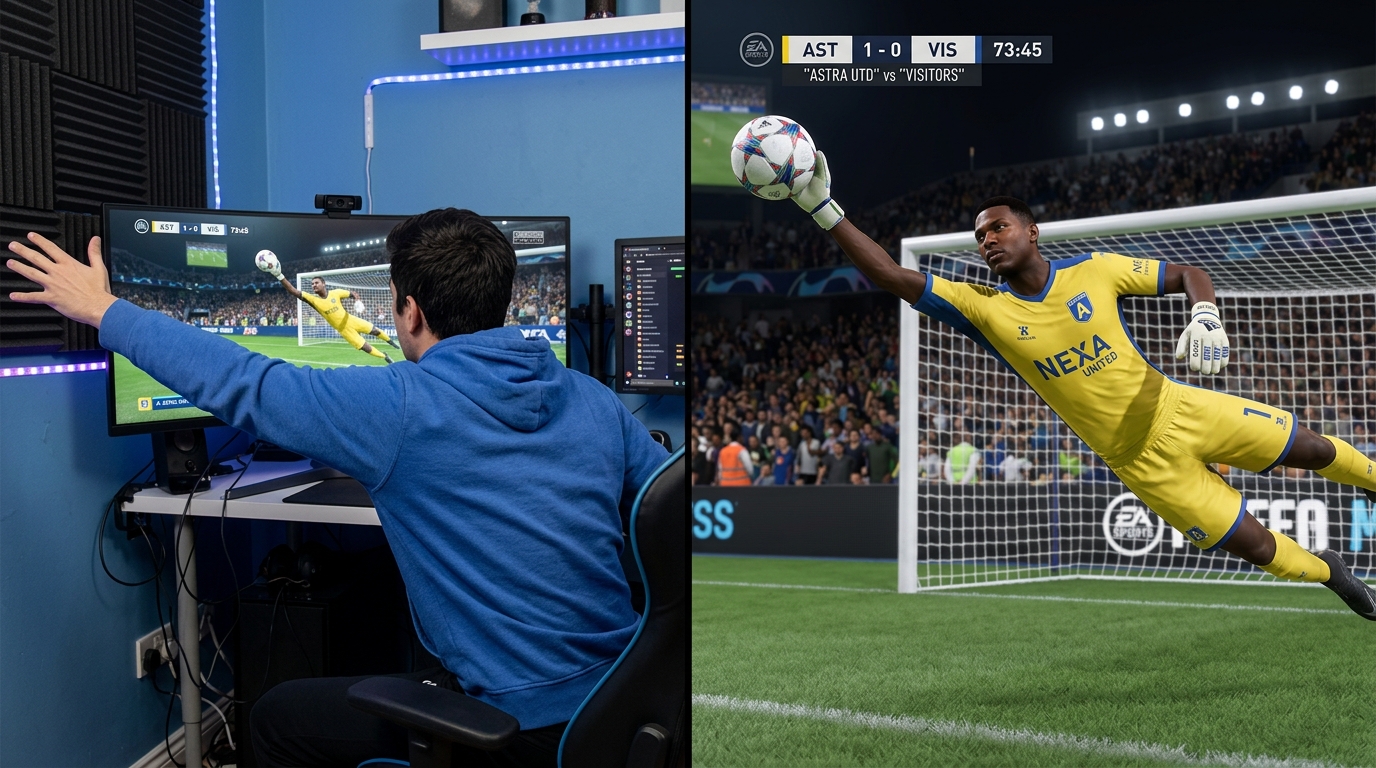 Player using body gestures to control a goalkeeper in a football game — arms extended mirroring the in-game action