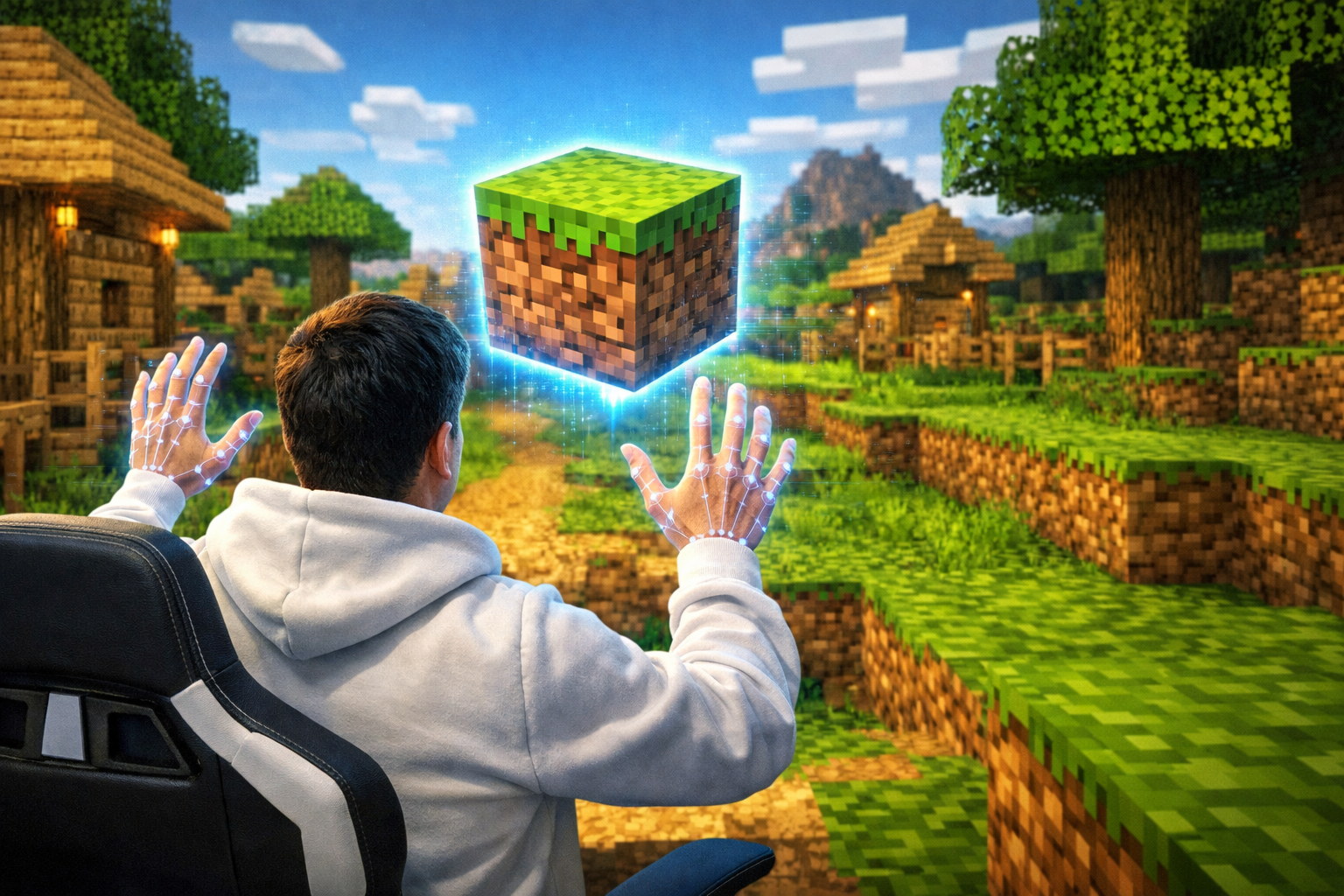 Player controlling a game with hand gestures and skeletal tracking overlay