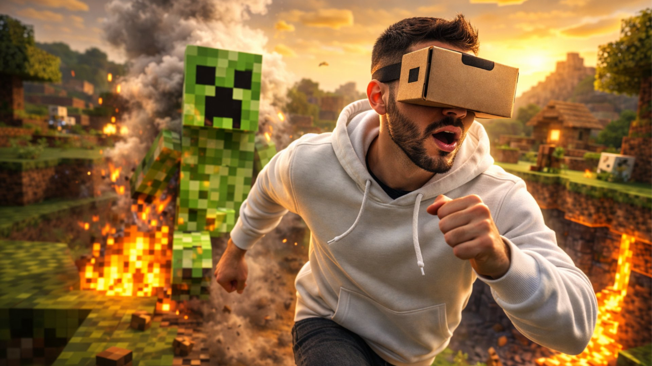 Person wearing a cardboard VR headset running in Minecraft