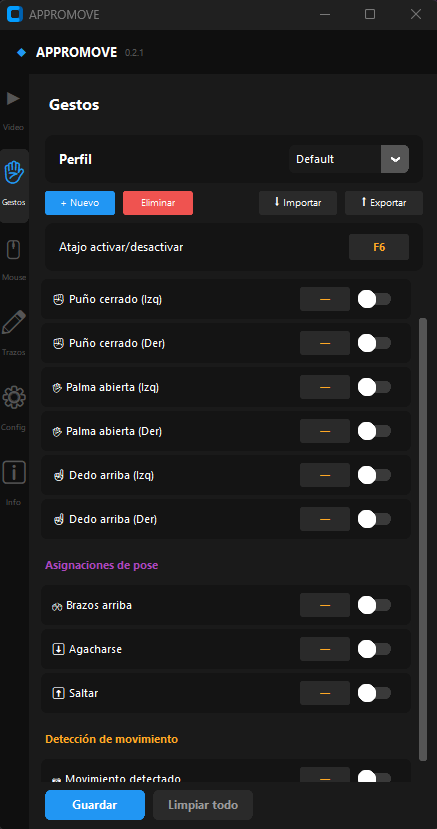 Appromove gesture mapping panel — assign gestures to keyboard inputs