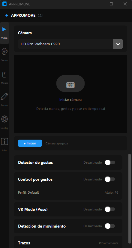 Appromove app interface — webcam preview and gesture profile selector