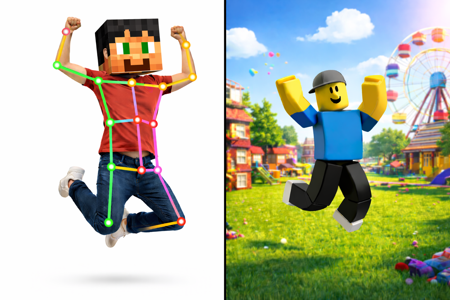 Full body pose tracking with skeleton overlay mapped to Roblox character