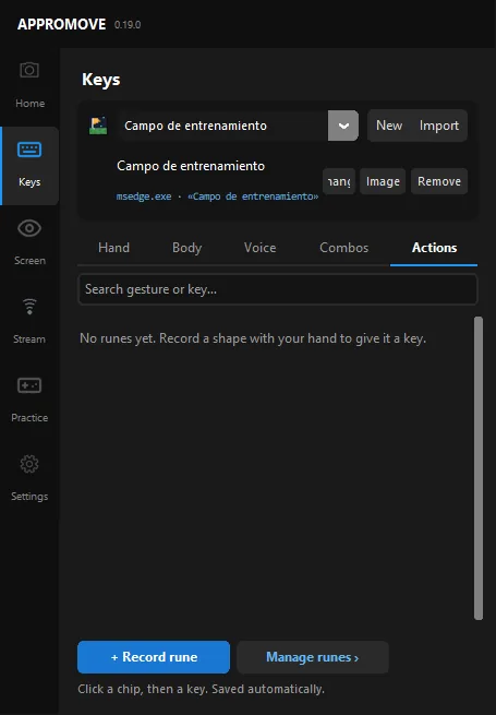 Appromove Keys screen, Actions tab: Record rune and Manage runes buttons