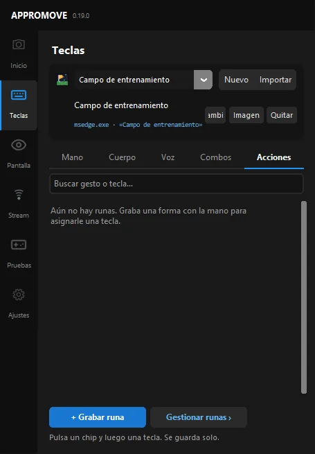 Appromove Keys screen, Actions tab: Record rune and Manage runes buttons