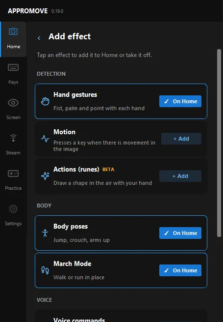 Appromove Add effect catalog: hand gestures, motion and actions under Detection, body poses and March Mode under Body, then Voice and Mouse