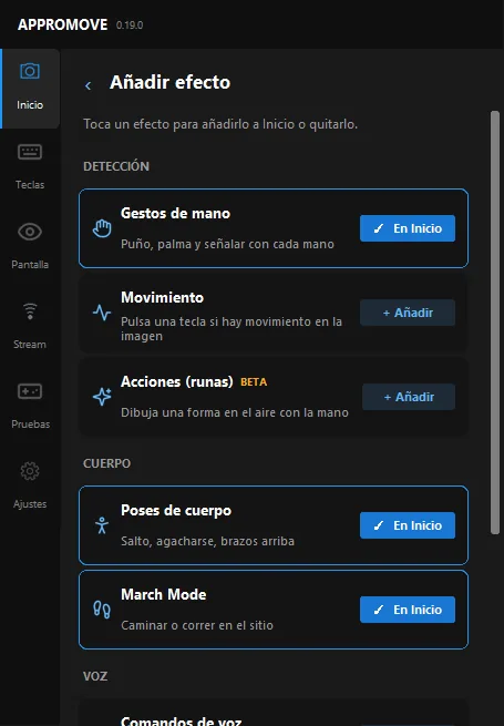 Appromove Add effect catalog: hand gestures, motion and actions under Detection, body poses and March Mode under Body, then Voice and Mouse