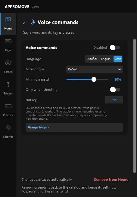 Appromove Voice commands page: language Spanish, English or both, microphone set to Default, minimum match 80%, only when shouting, hotkey F11