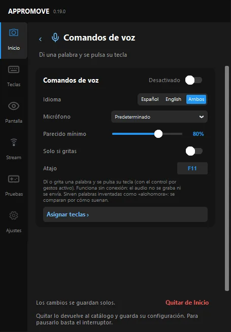 Appromove Voice commands page: language Spanish, English or both, microphone set to Default, minimum match 80%, only when shouting, hotkey F11