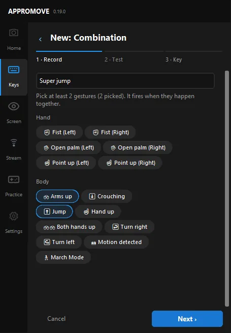 Appromove new combination wizard, step 1: Jump and Arms up selected among hand and body gestures