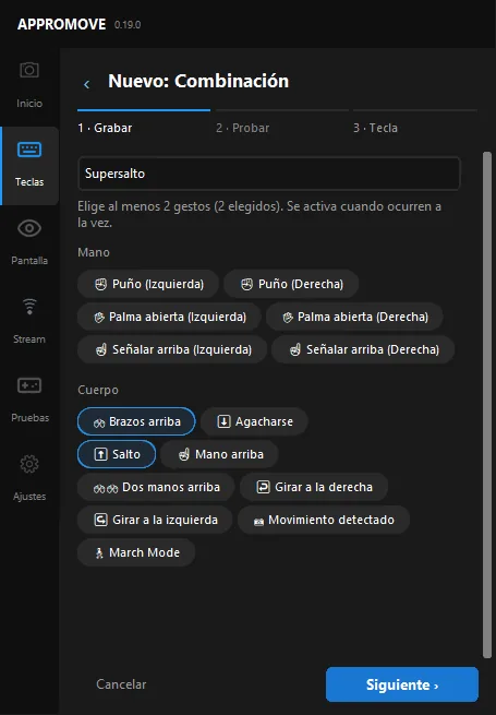 Appromove new combination wizard, step 1: Jump and Arms up selected among hand and body gestures