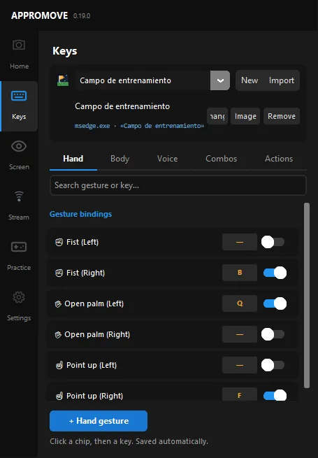 Appromove Keys screen, Hand tab: fist, open palm and point up for each hand, each with its key and on/off switch