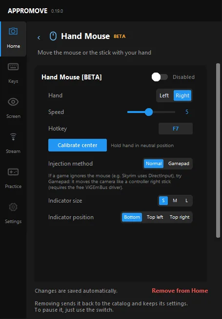 Appromove Hand Mouse page: hand left or right, speed, hotkey F7, calibrate center, injection method Normal or Gamepad, indicator size and position