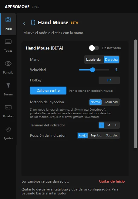 Appromove Hand Mouse page: hand left or right, speed, hotkey F7, calibrate center, injection method Normal or Gamepad, indicator size and position