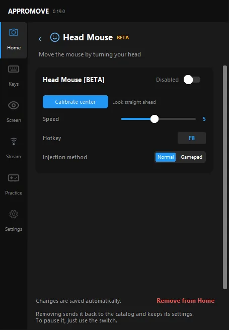 Appromove Head Mouse page: calibrate center, speed, hotkey F8 and injection method Normal or Gamepad