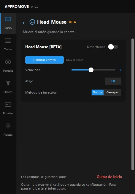Appromove Head Mouse page: calibrate center, speed, hotkey F8 and injection method Normal or Gamepad