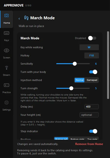 Appromove March Mode page: key while walking W, hotkey F10, sensitivity, turn with your body, injection method Normal or Gamepad, turn strength, delay, height and step indicator