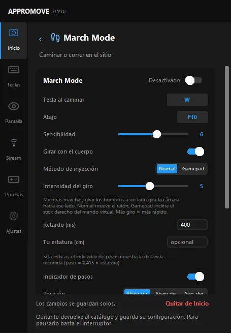 Appromove March Mode page: key while walking W, hotkey F10, sensitivity, turn with your body, injection method Normal or Gamepad, turn strength, delay, height and step indicator