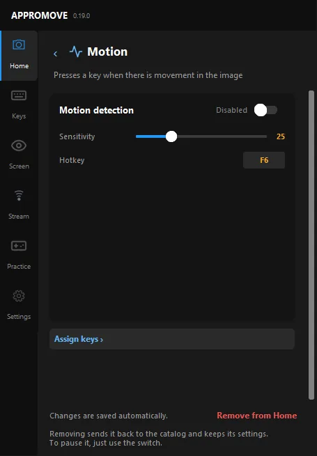 Appromove Motion effect page: motion detection switch, sensitivity slider and F6 hotkey
