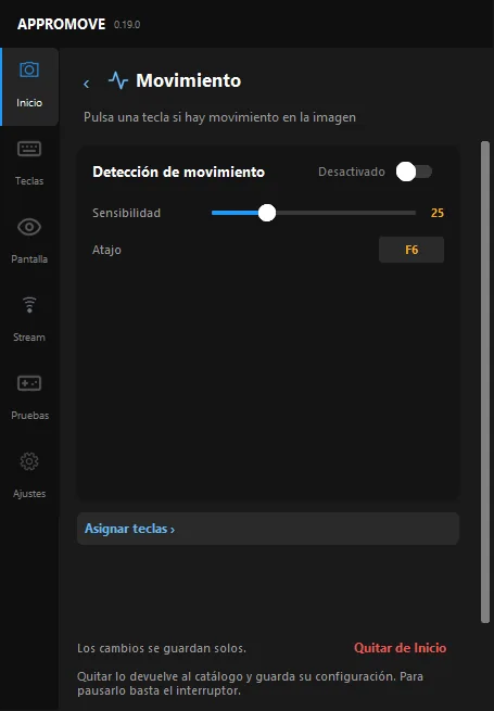 Appromove Motion effect page: motion detection switch, sensitivity slider and F6 hotkey