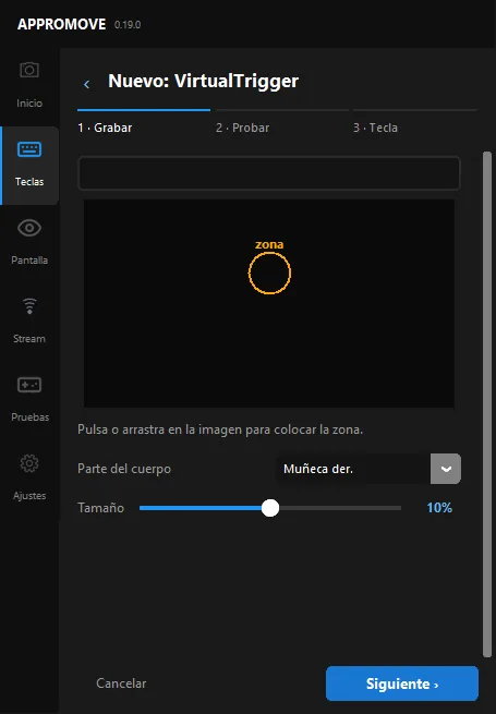 Appromove new VirtualTrigger wizard: a zone circle on the image, body part right wrist and size slider
